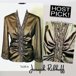 JOSEPH RIBKOFF Blouse Top Metallic Brown-Green Stretchy Bead Embroidered Pleated